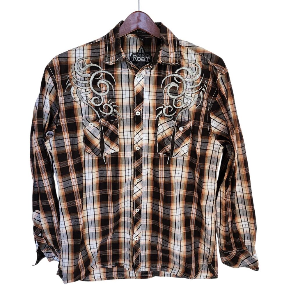 Roar Men's XL Shirt Plaid Embroidered Strength Refined "Attribute" Brown Orange